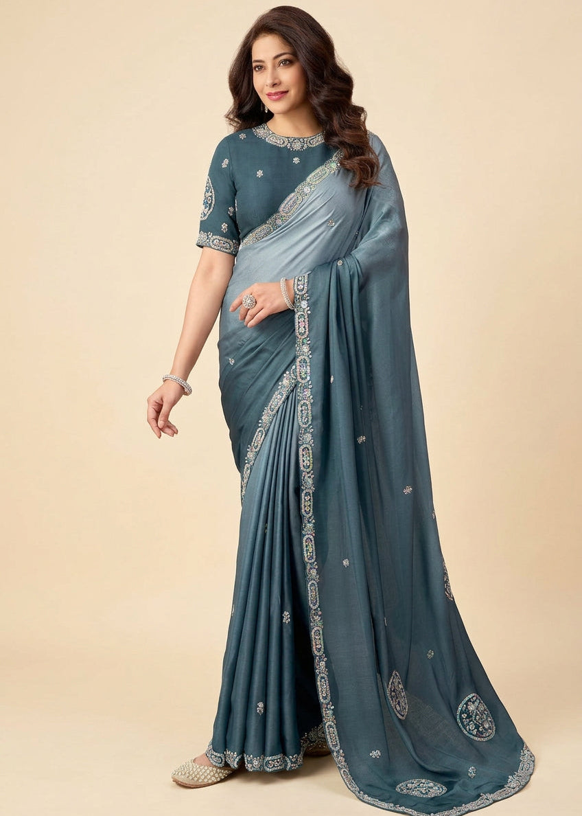 Teal Blue Shaded Satin Silk Saree