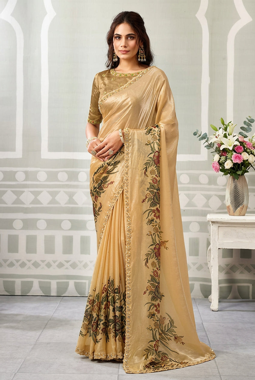 Gold Satin Saree With Cutdana Floral Border Main image