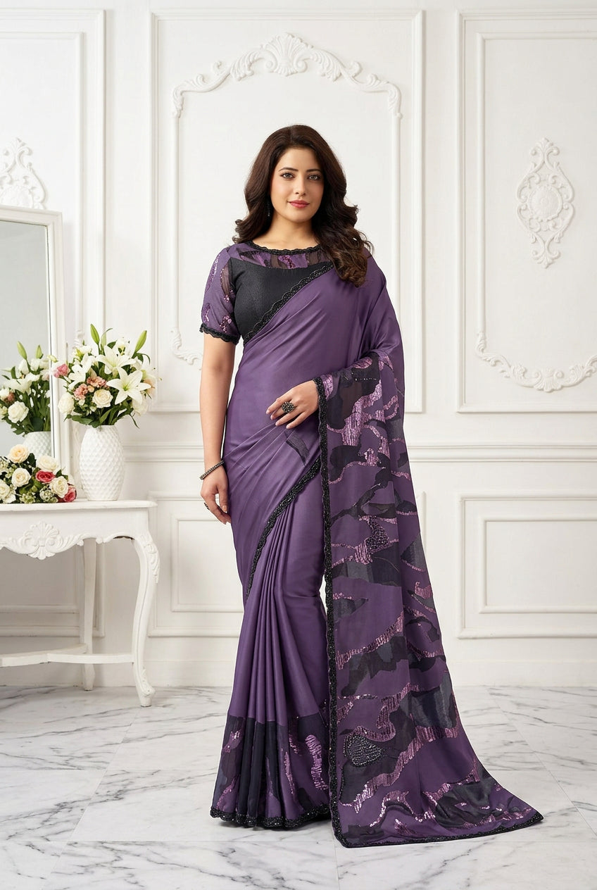 Purple Jacquard Satin Saree With Abstract Print