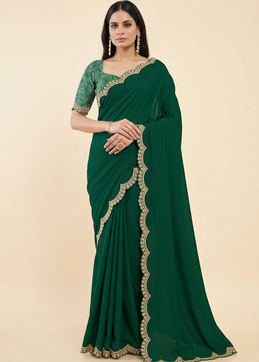 Emerald Green Crepe Saree With Scallop Border Main image