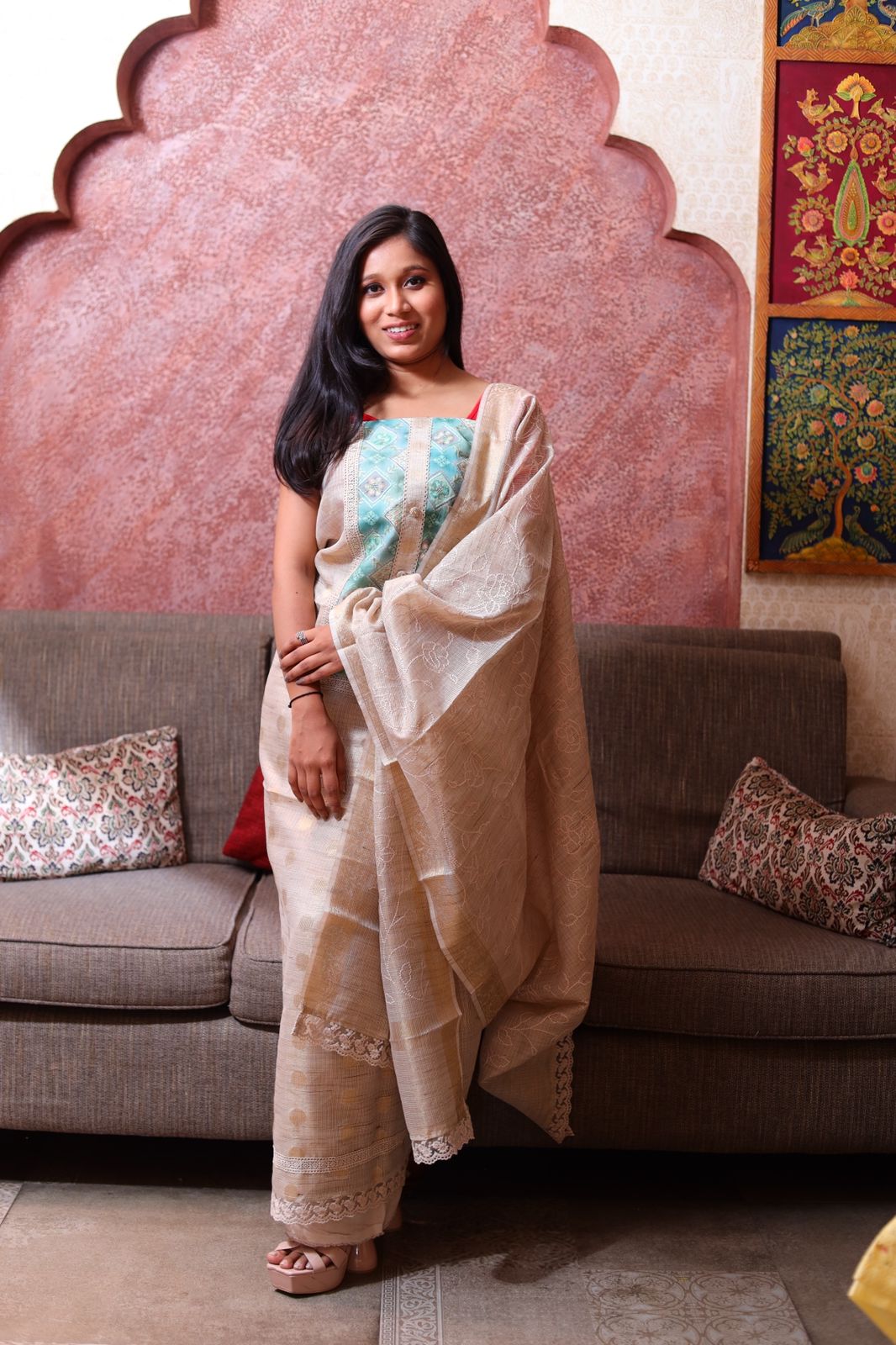 Desert Sand Dola Silk Unstitched Suit Fabric