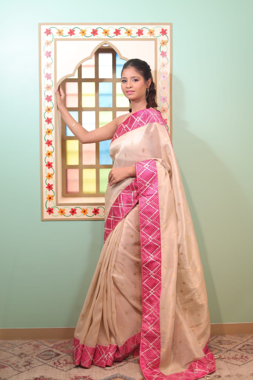 Cream Satin Silk Saree with Pink Border