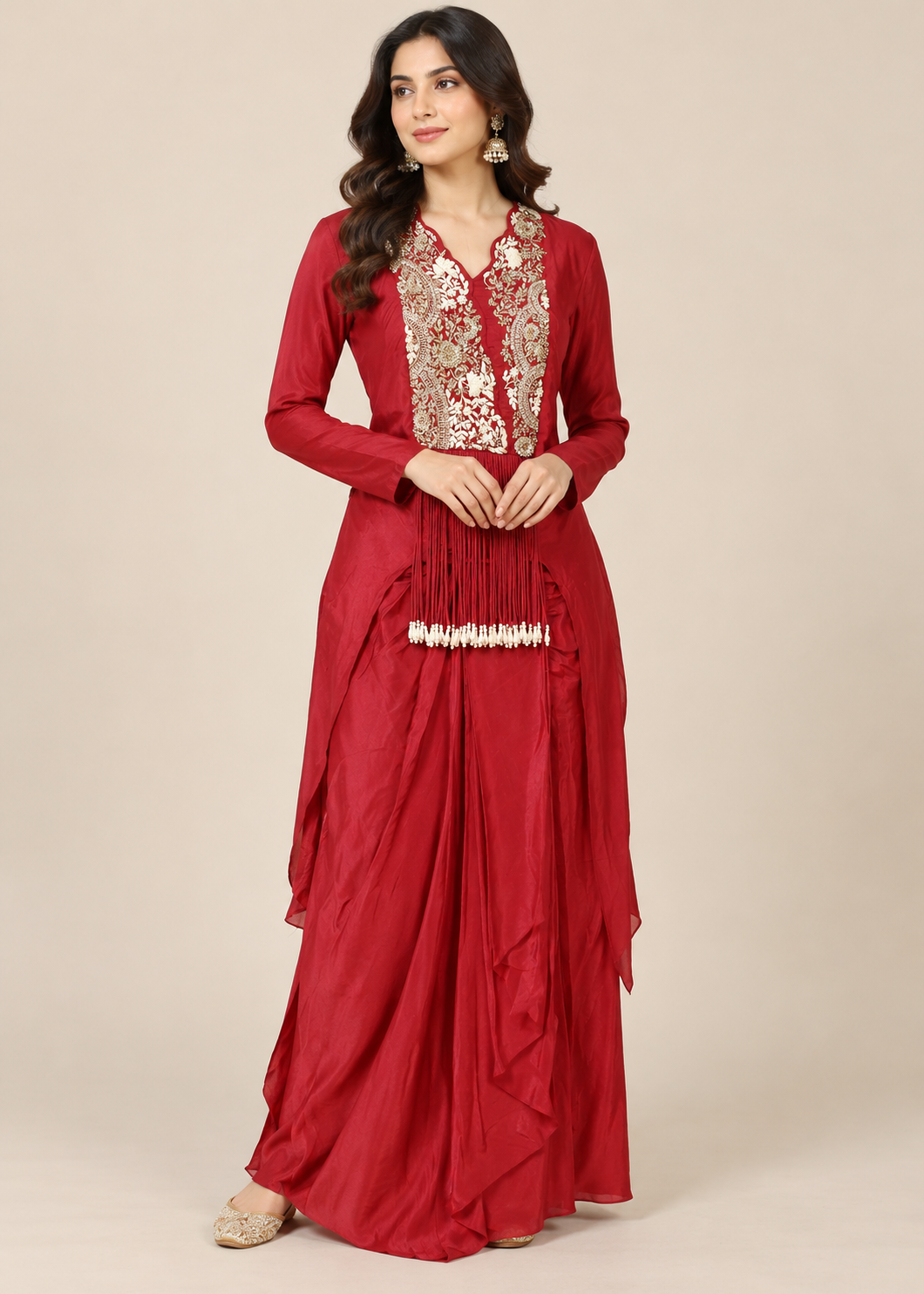 Crimson Red Embroidered Draped Dhoti Set