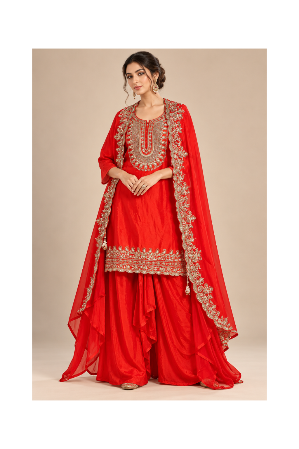 Scarlet Red Kurti Sharara Cape Set Main image
