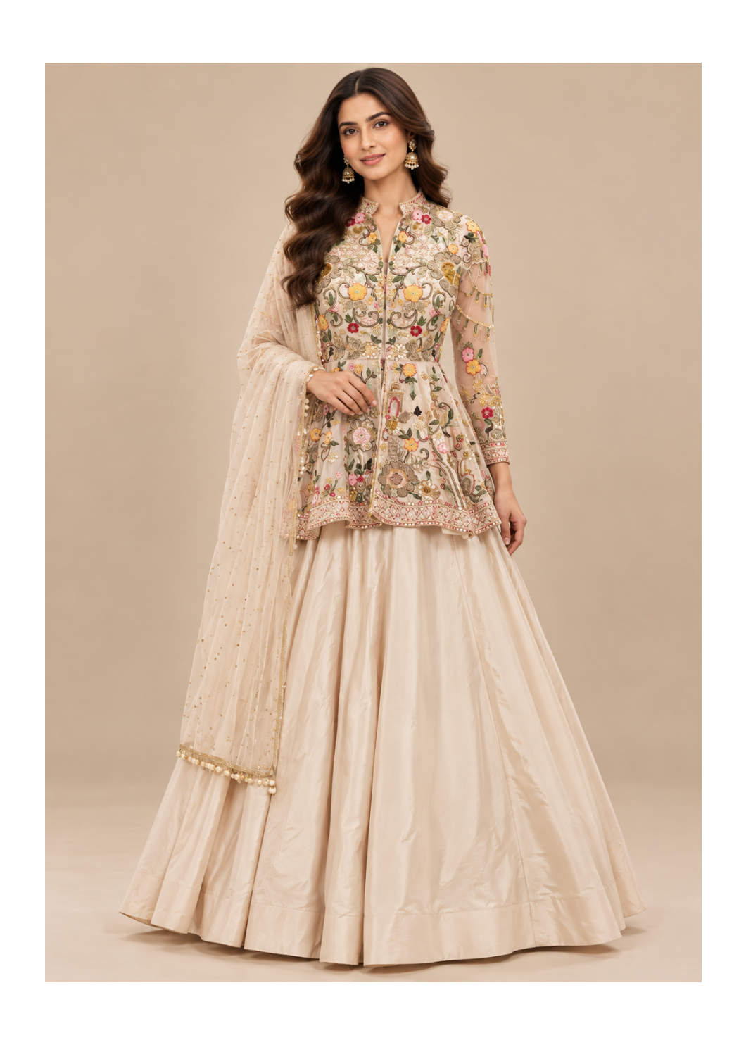 Champagne Gold Floral Peplum Lehenga Set Main image