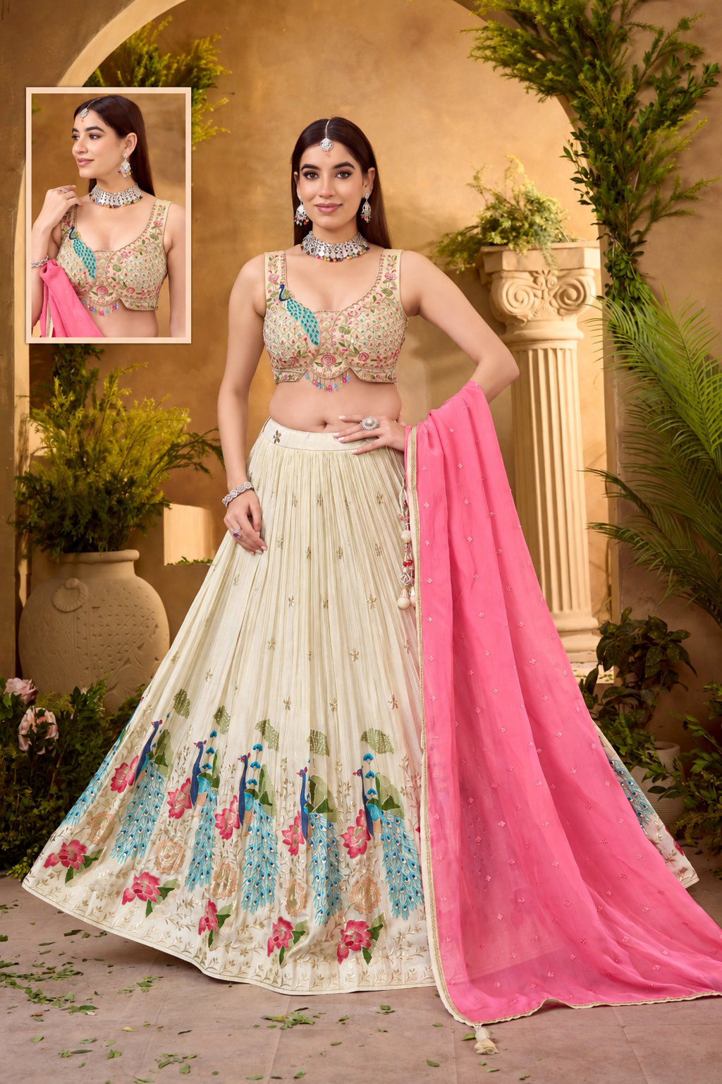 Ivory and Pink Peacock Embroidered Lehenga Main image