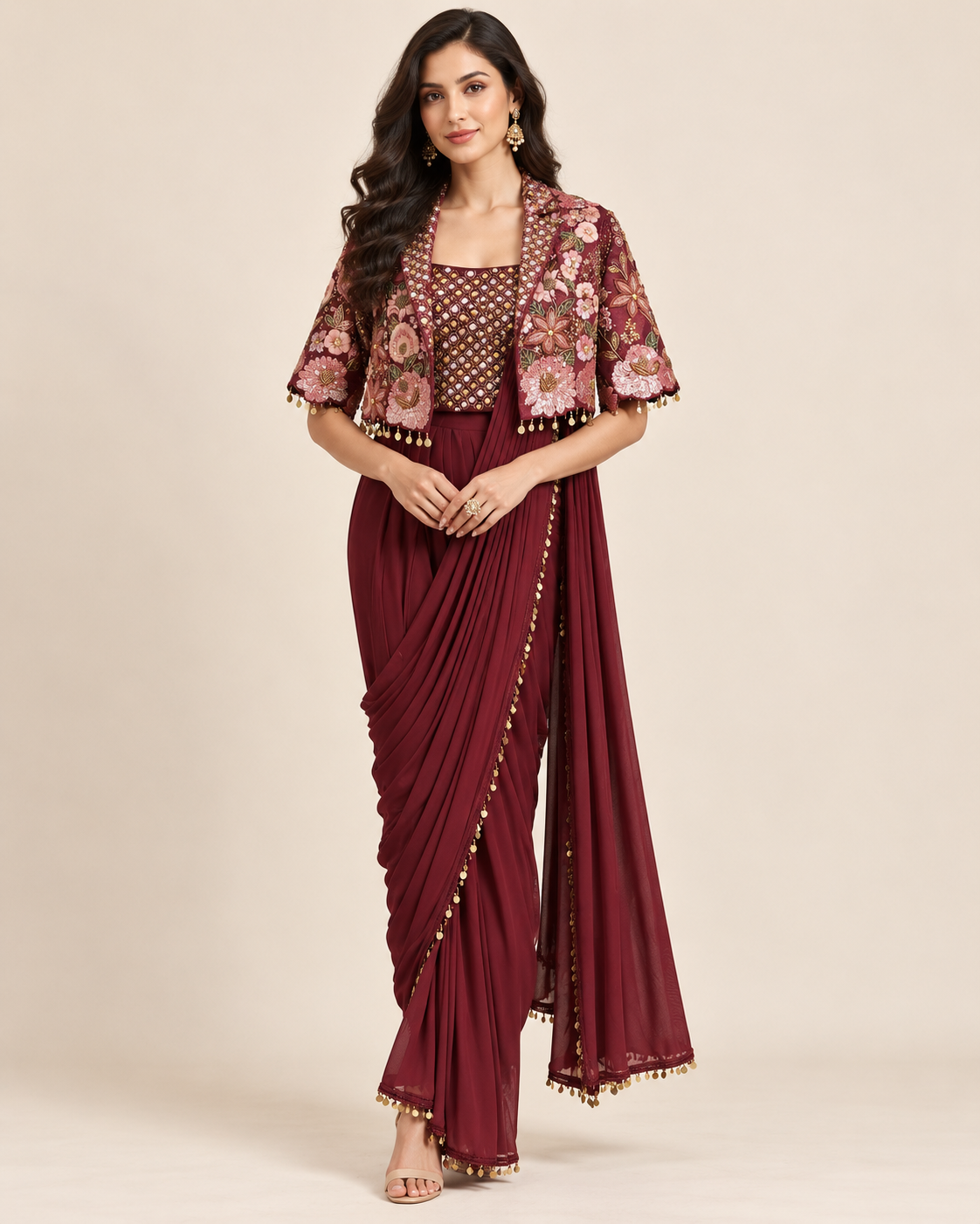 Wine Burgundy Embroidered Crop Jacket Pre-Draped Saree Set Main image
