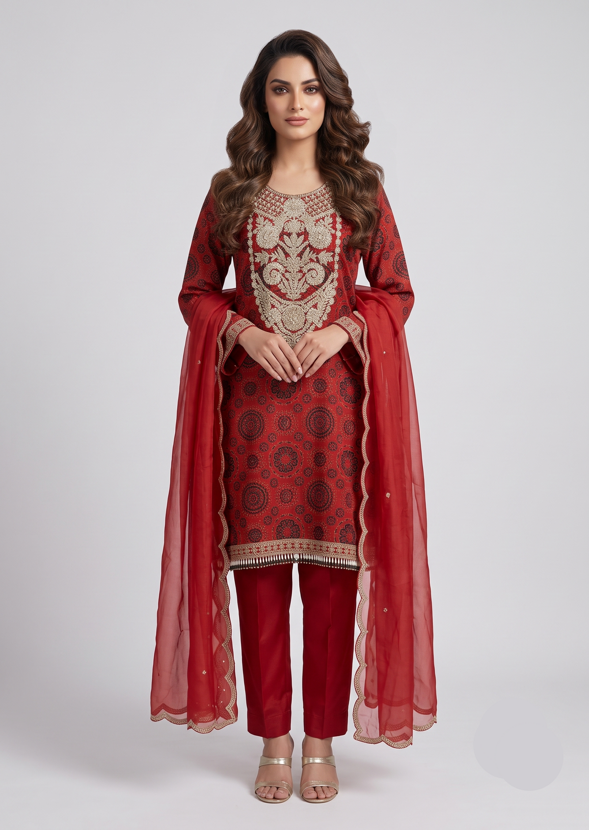 Rust Red Embroidered Straight Suit Set