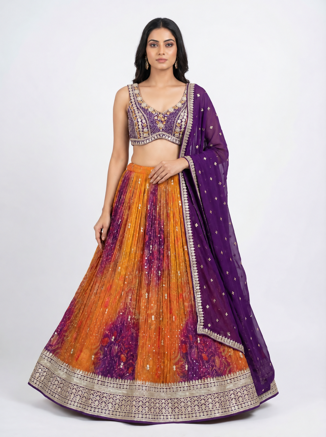 Purple and Orange Tie-Dye Embroidered Lehenga