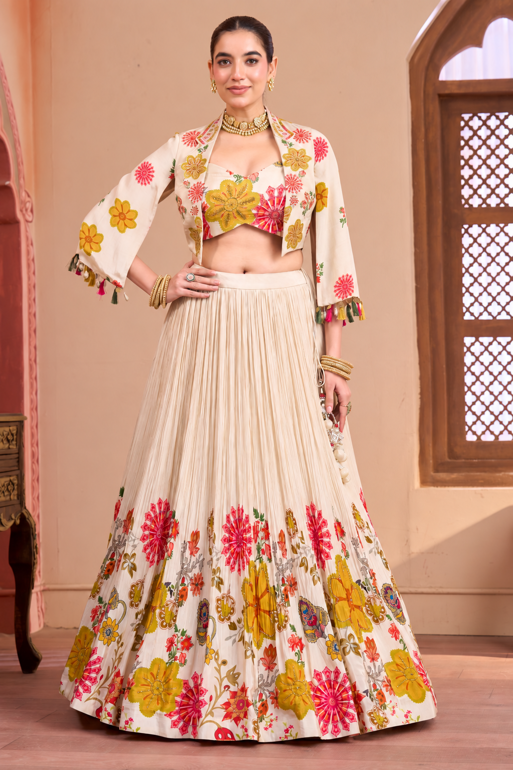 Chic Cream Floral Printed Jacket Lehenga Set Main image