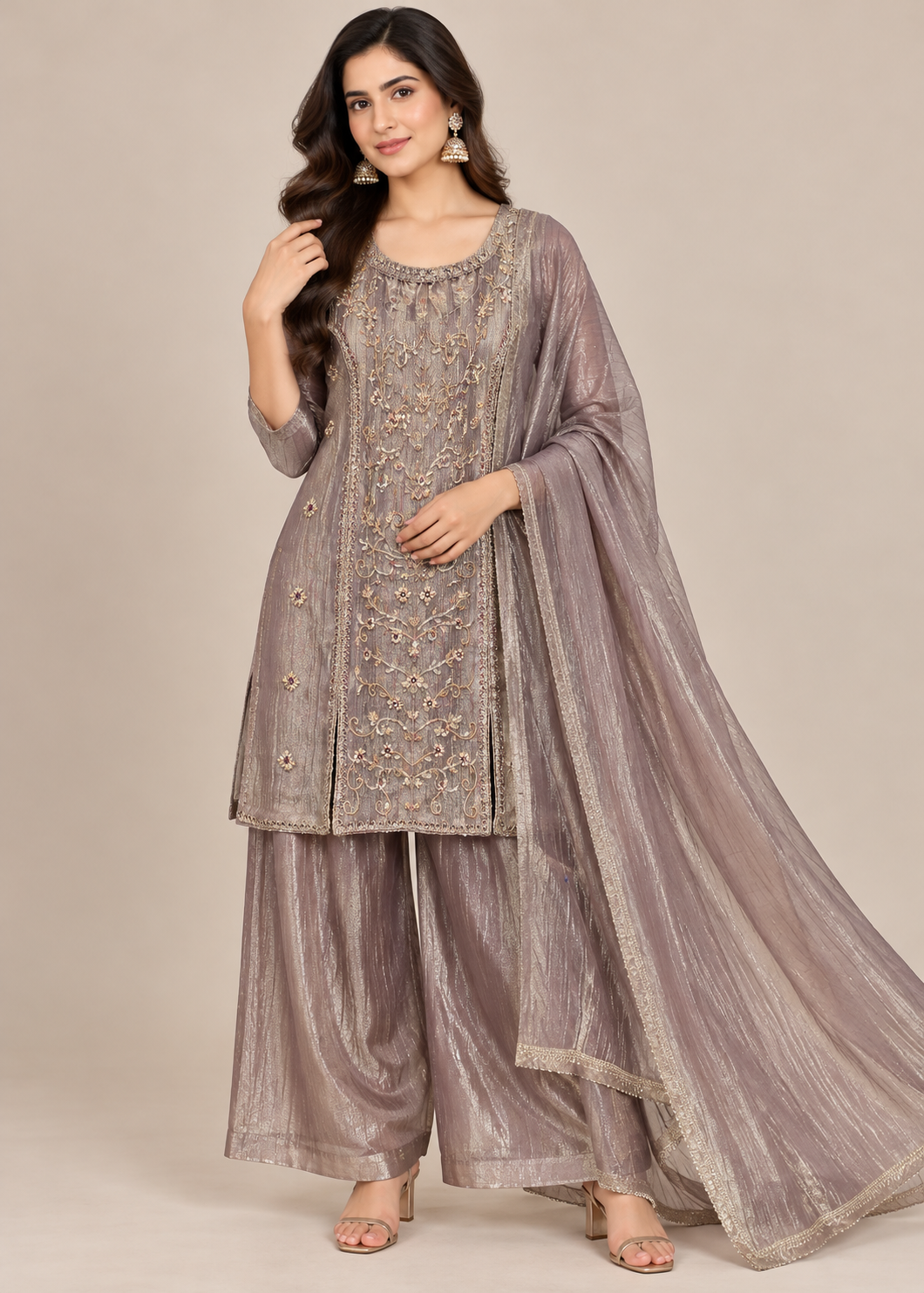 Metallic Taupe Embroidered Tissue Sharara Set