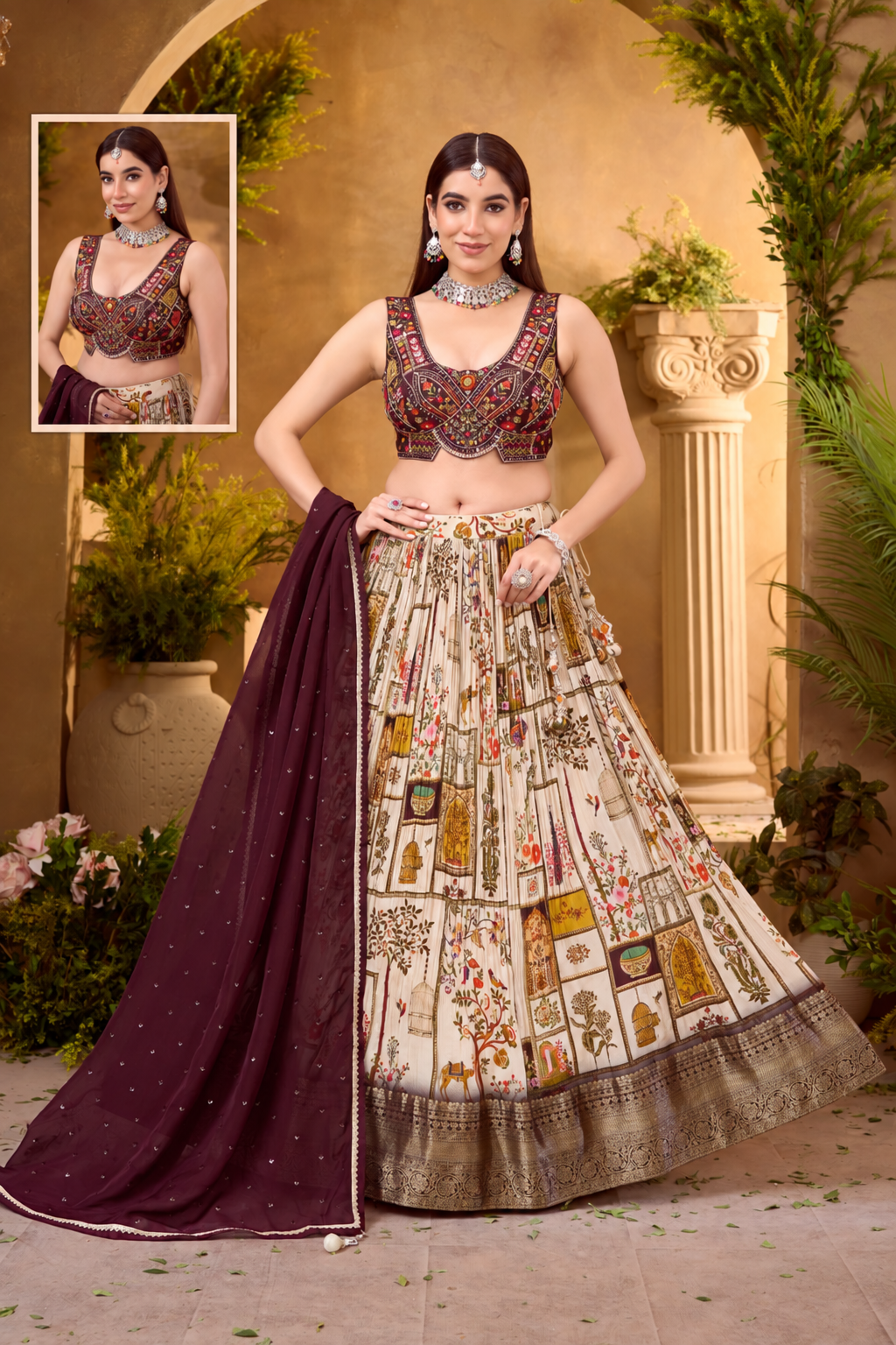 Ivory and Deep Wine Archival Art Print Lehenga Set
