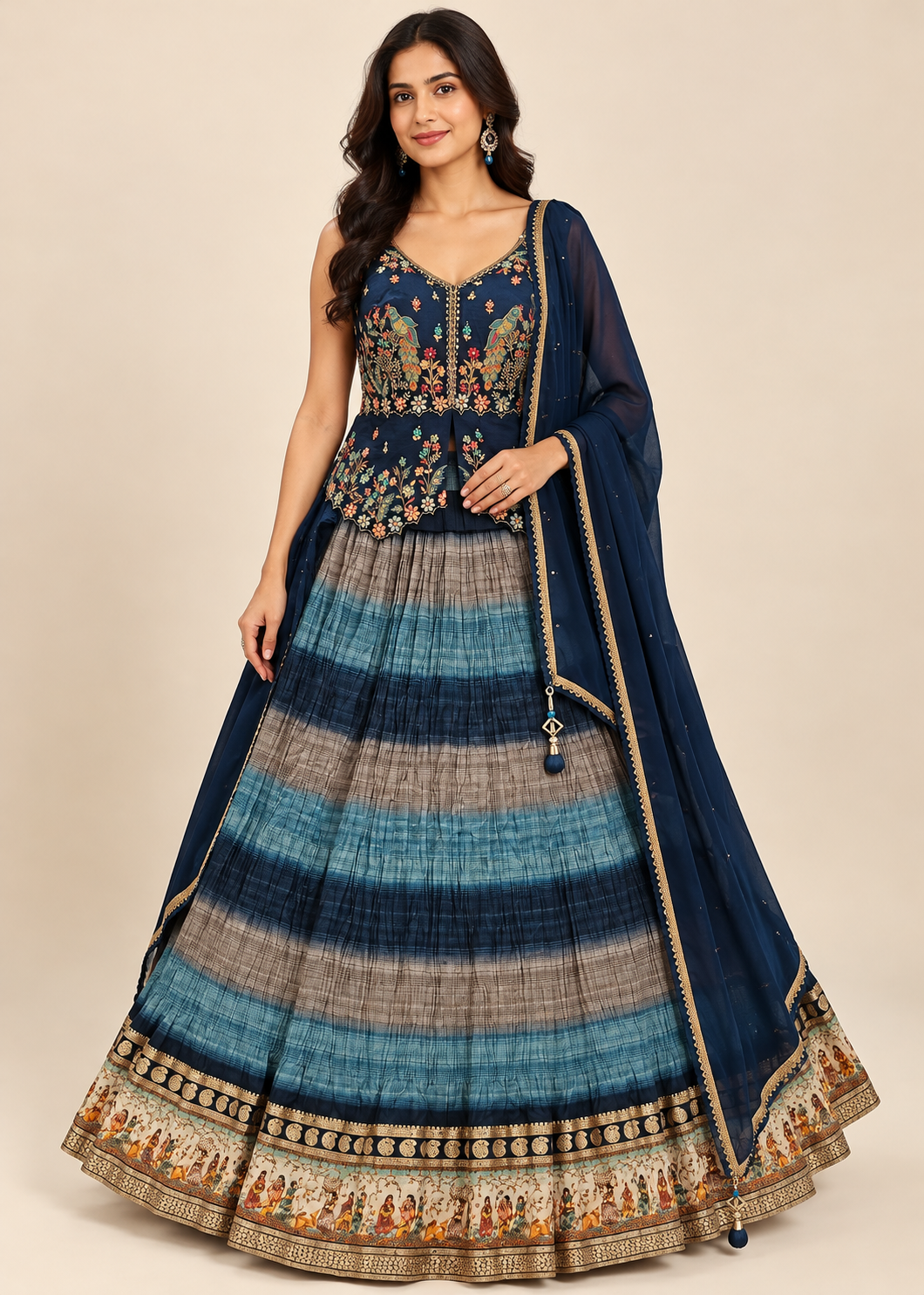 Indigo & Slate Tie-Dye Pleated Lehenga, Embroidered Peplum Bustier