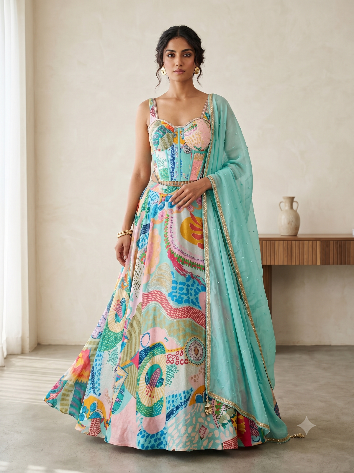 Aqua Blue Abstract Multi-Color Mosaic Printed Lehenga Set