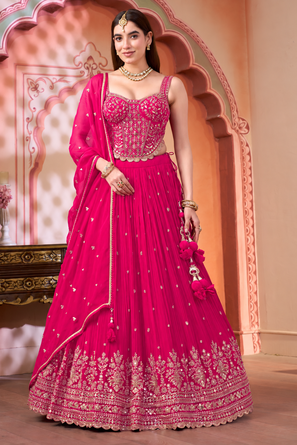 Radiant Rani Pink Embroidered Corset Lehenga Set