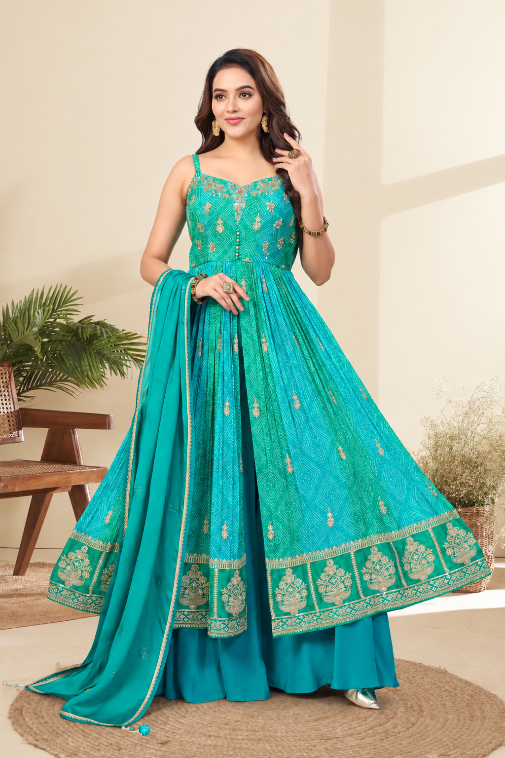 Teal Blue Embroidered Front Slit Anarkali Main image