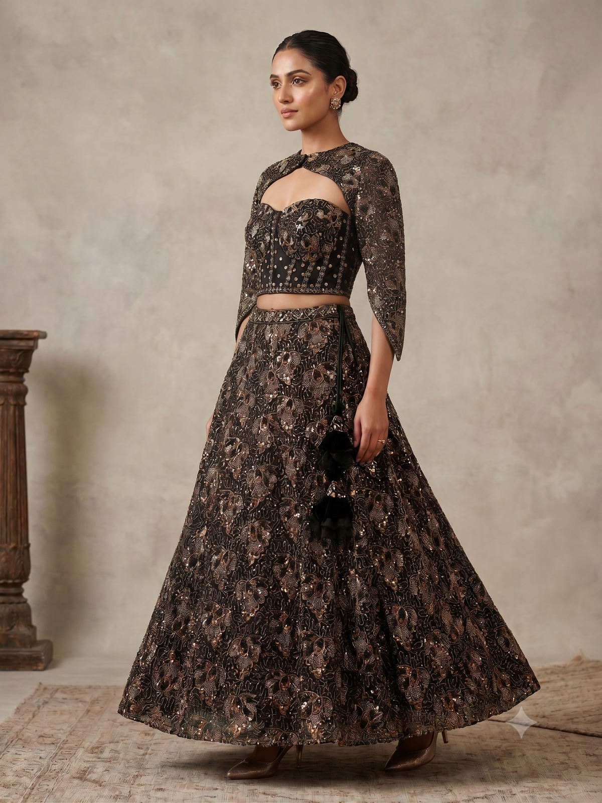 Charcoal Black &amp; Antique Bronze Sequin Embroidered Lehenga Set