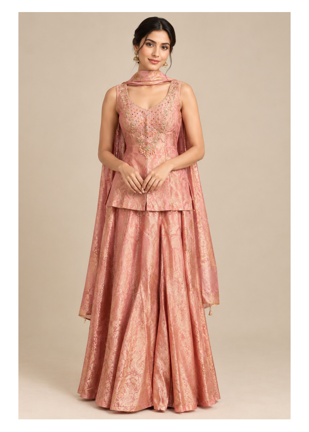 Rose Gold Blush Pink Brocade Lehenga Set with Peplum Top