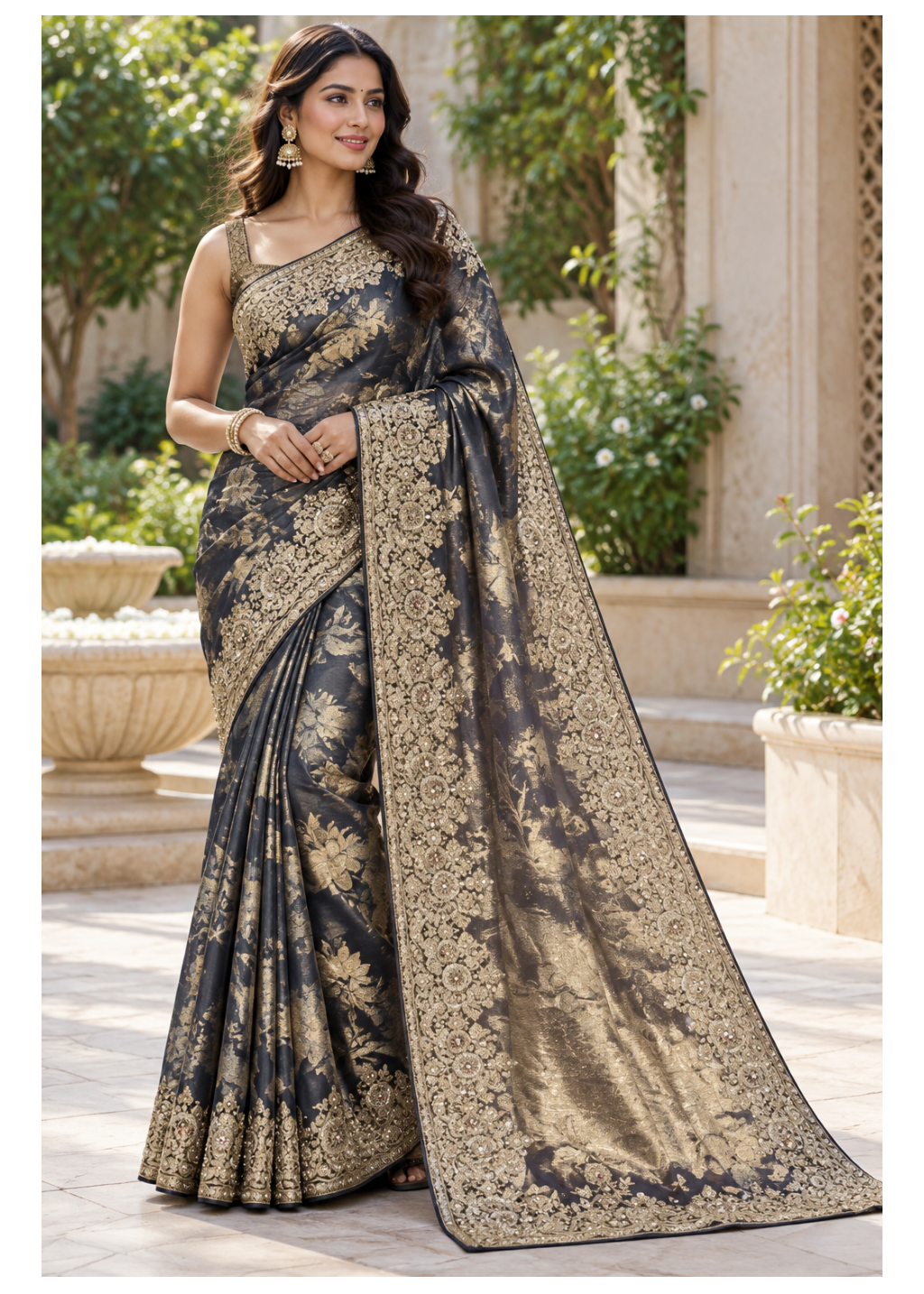 Charcoal-Black & Antique-Gold Brocade Embroidered Saree & Blouse Set Main image