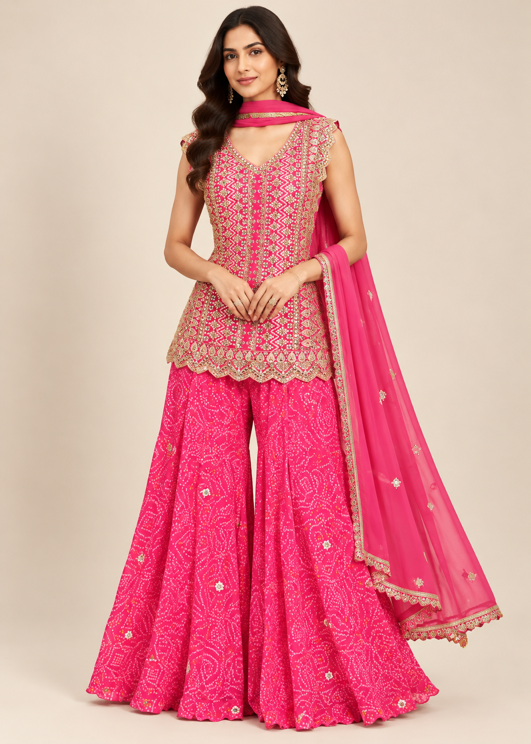 Fuchsia-Pink Mirror-Work Sleeveless Tunic, Bandhani Shararat