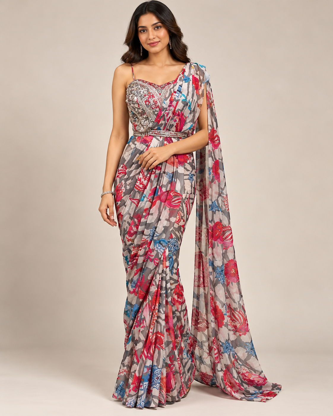 Grey Floral Printed Saree with Belt