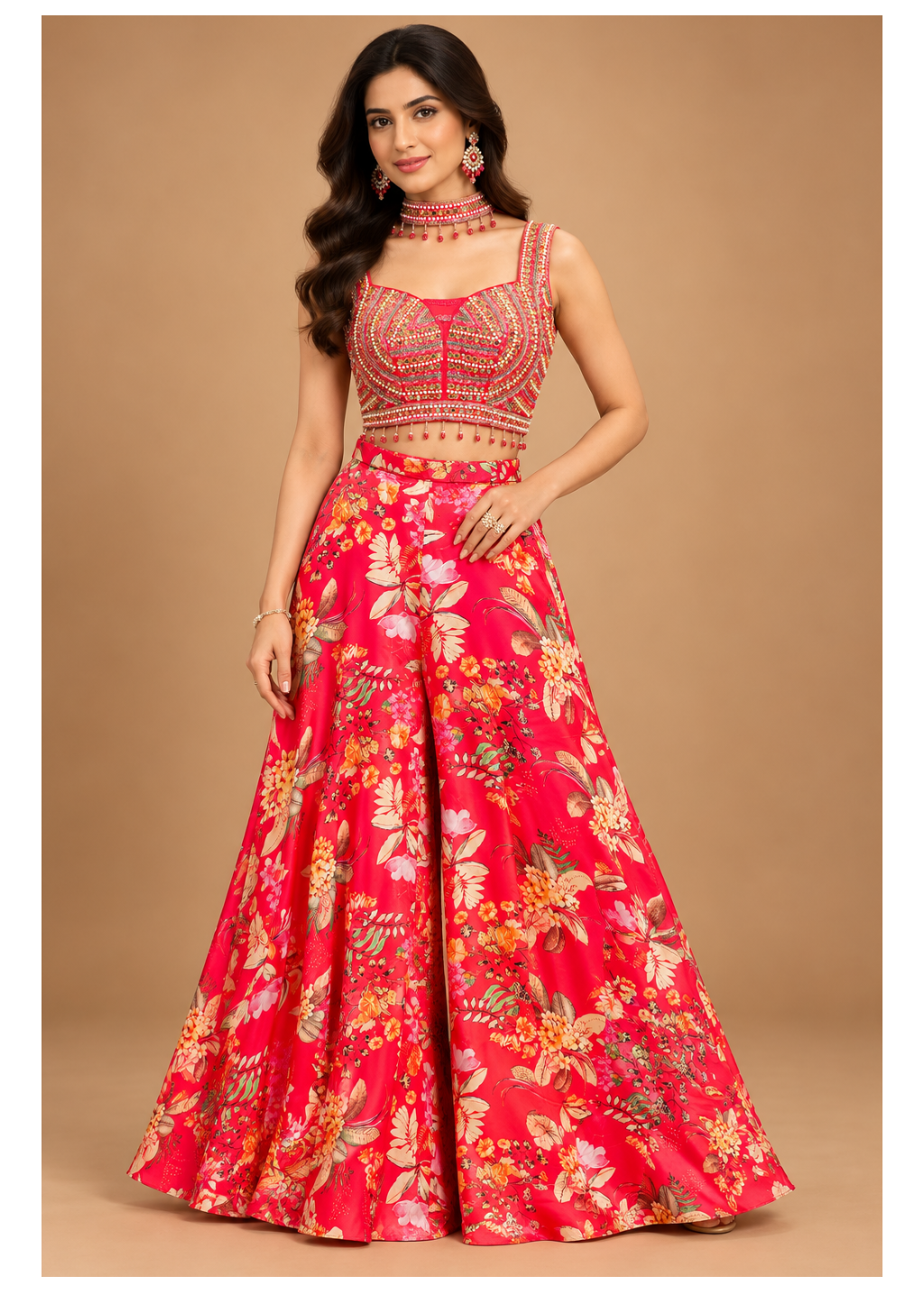 Coral Red Floral Printed Sharara Set