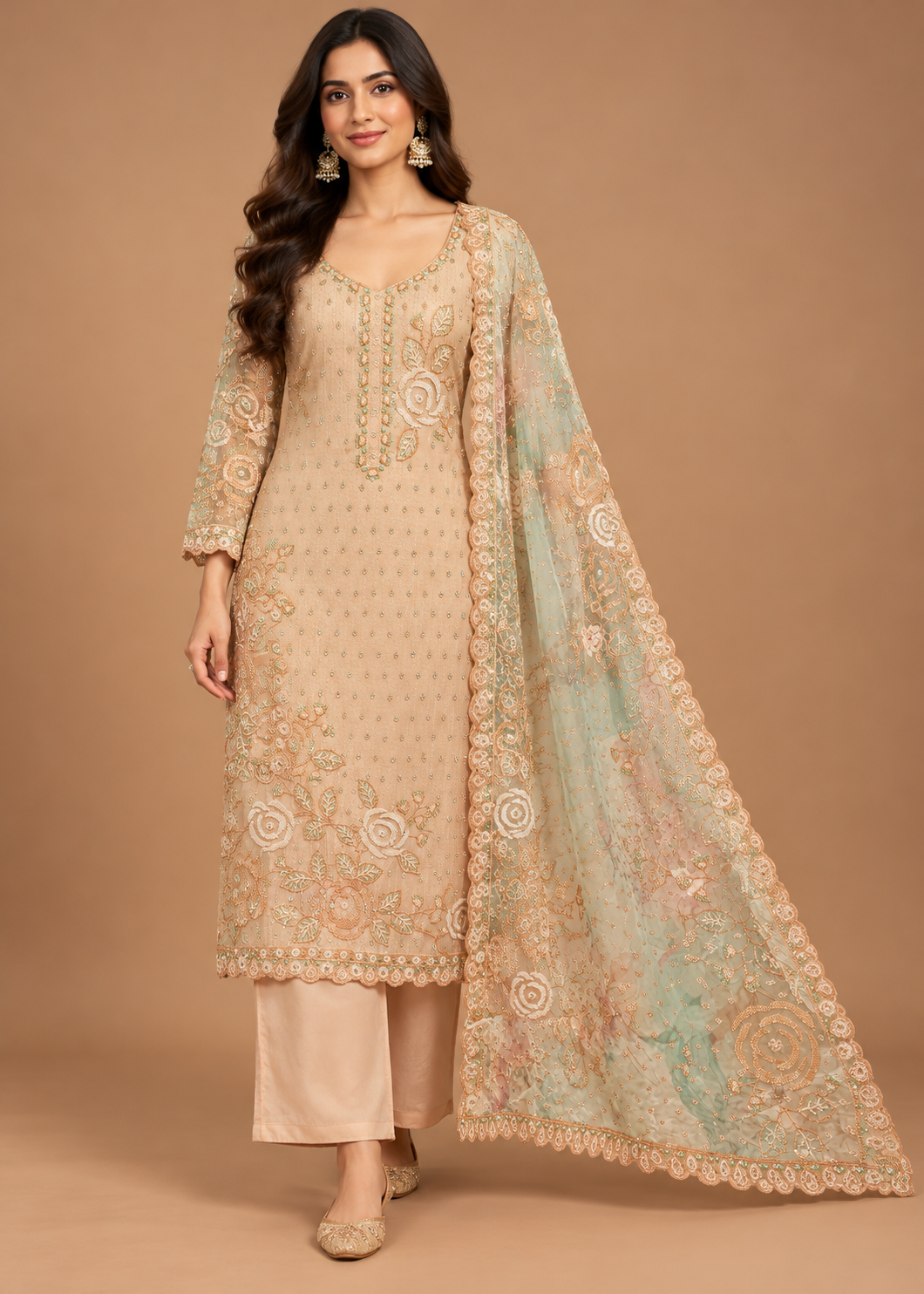 Beige Embroidered Floral Organza Kurta Set