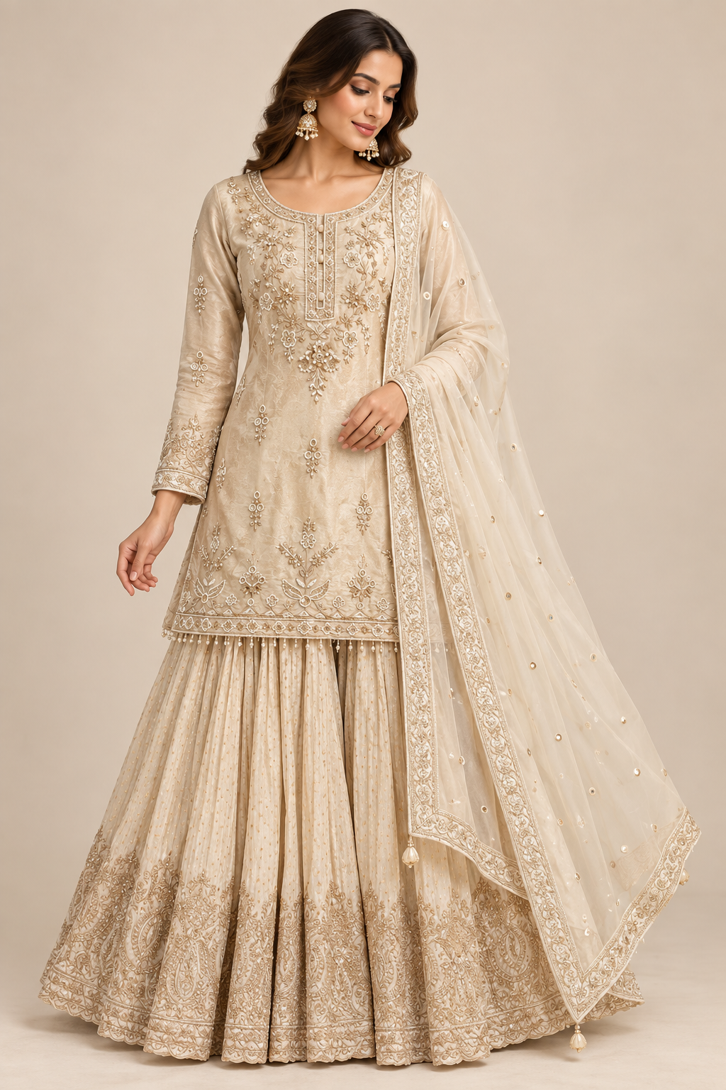 Champagne Gold Embroidered Kurti &amp; Flared Sharara Set with Dupatta