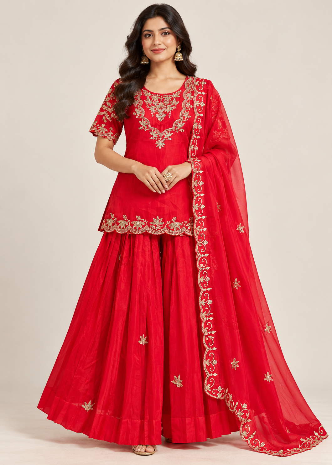 Crimson Red Embroidered Kurti Sharara Set