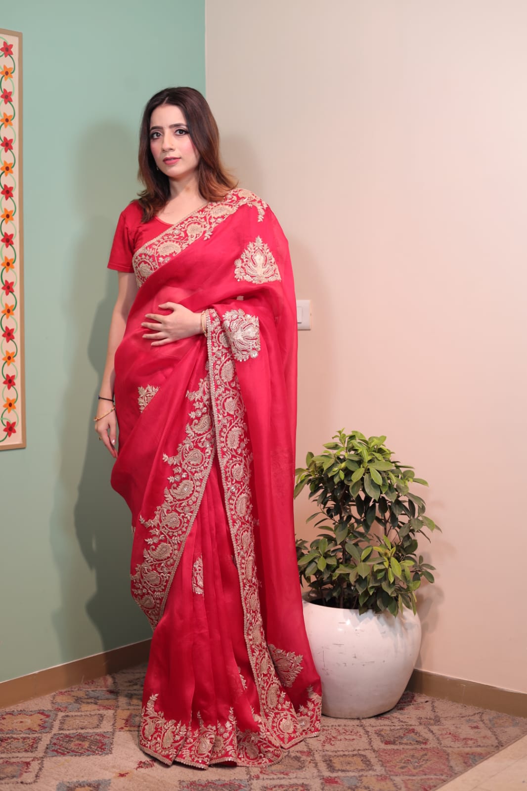 Exquisite Rose Tissue Saree with Intricate Embroidery