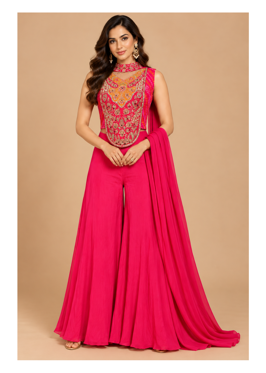 Hot Pink Embroidered Halter Sharara Set