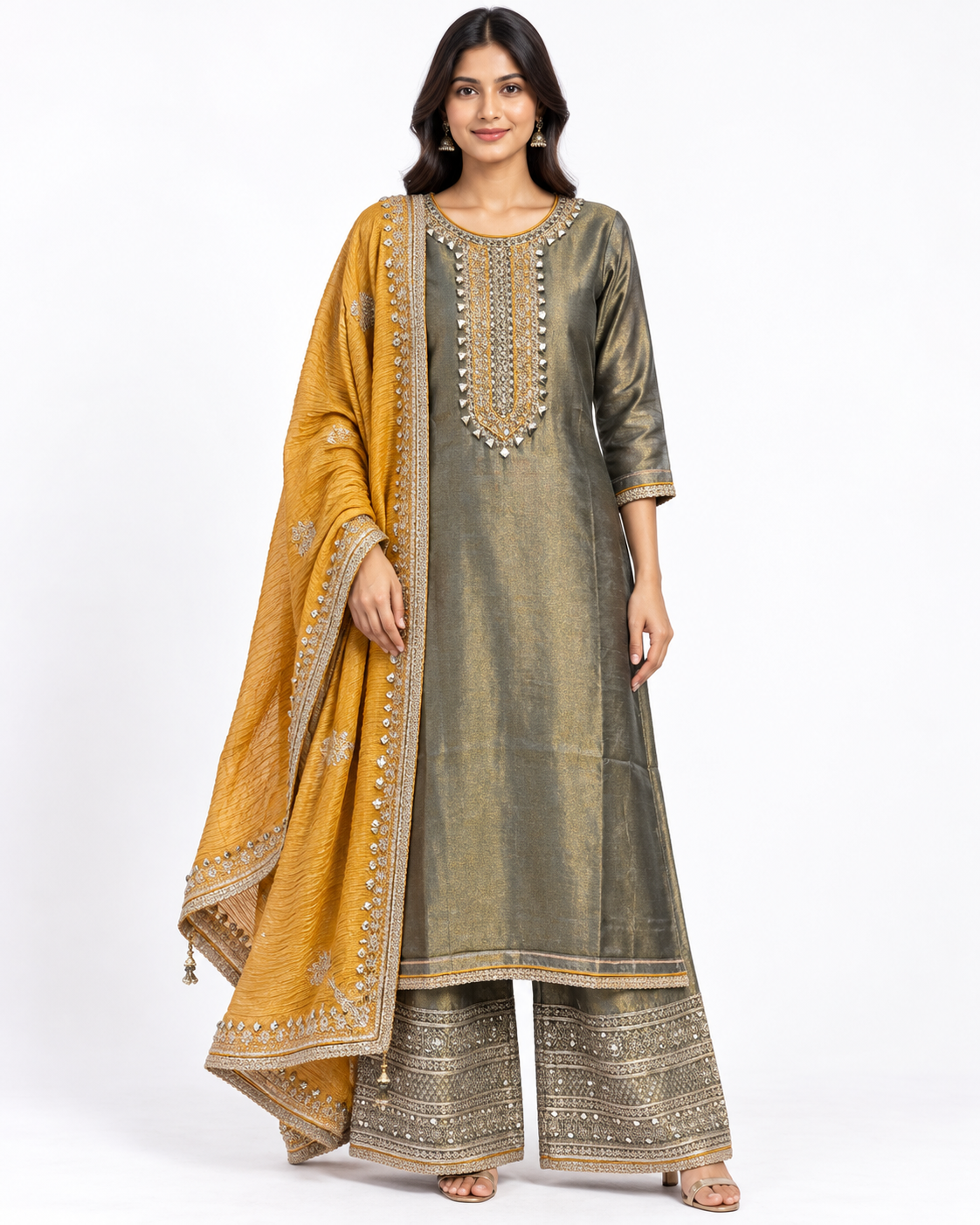 Olive Grey Suit with Mustard Dupatta