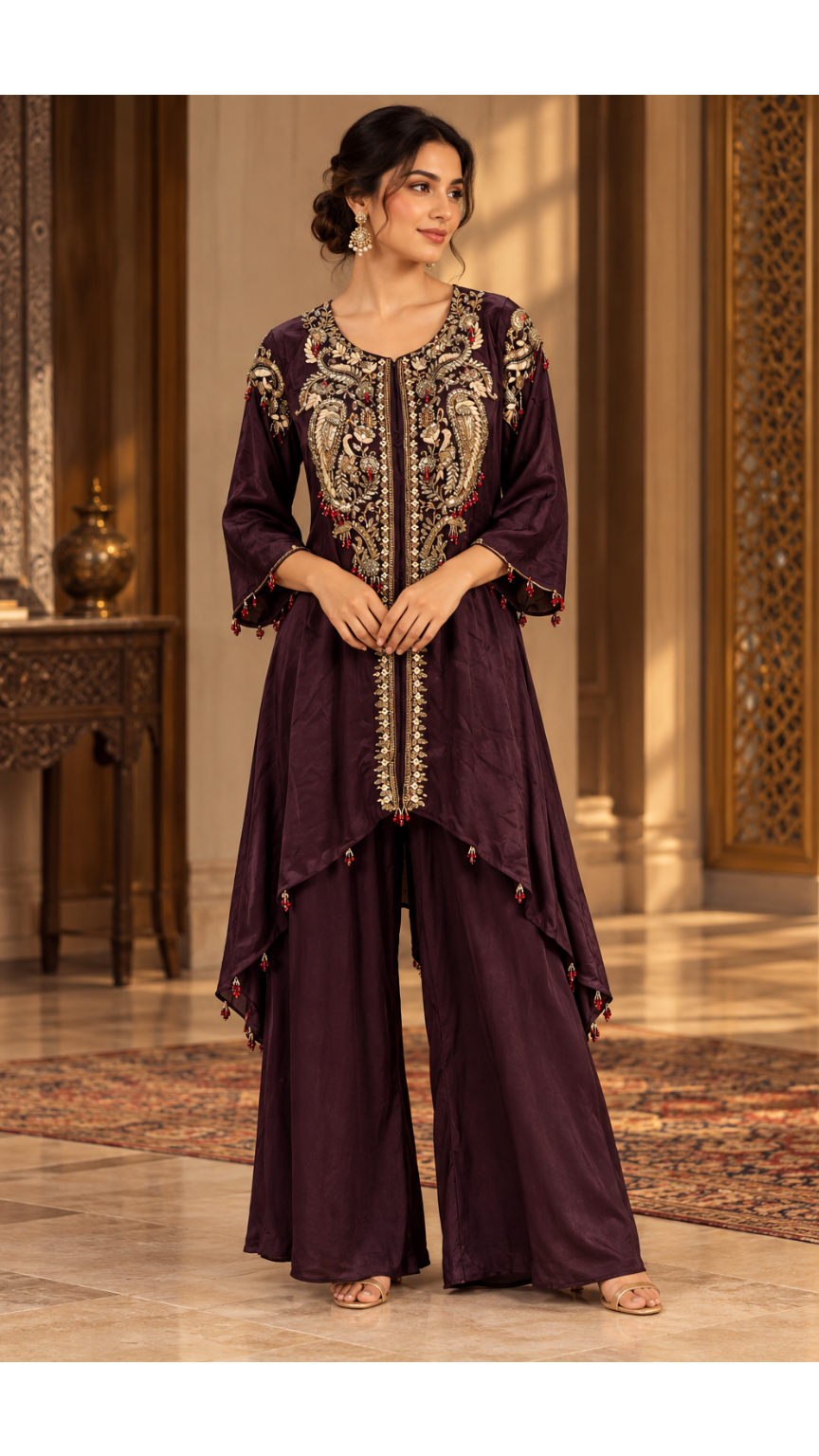 Deep Plum-Aubergine Asymmetric Embroidered Tunic & Palazzo Set
