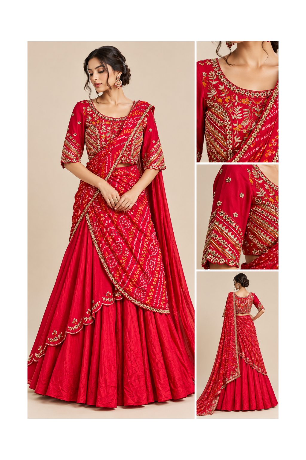 Crimson Red Bandhani Pre-Draped Saree Lehenga Main image