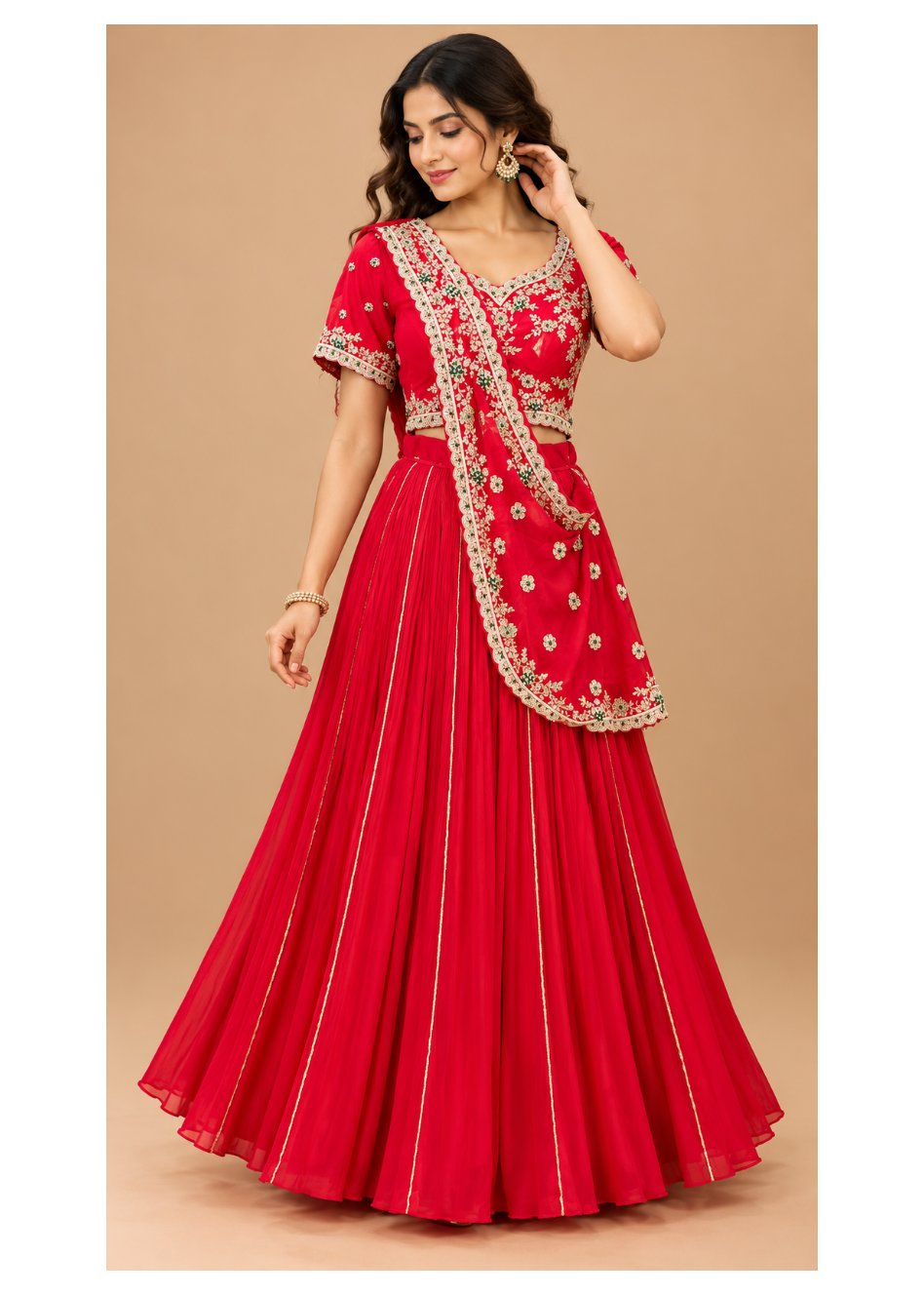 Crimson Red Pleated Georgette Bridal Lehenga