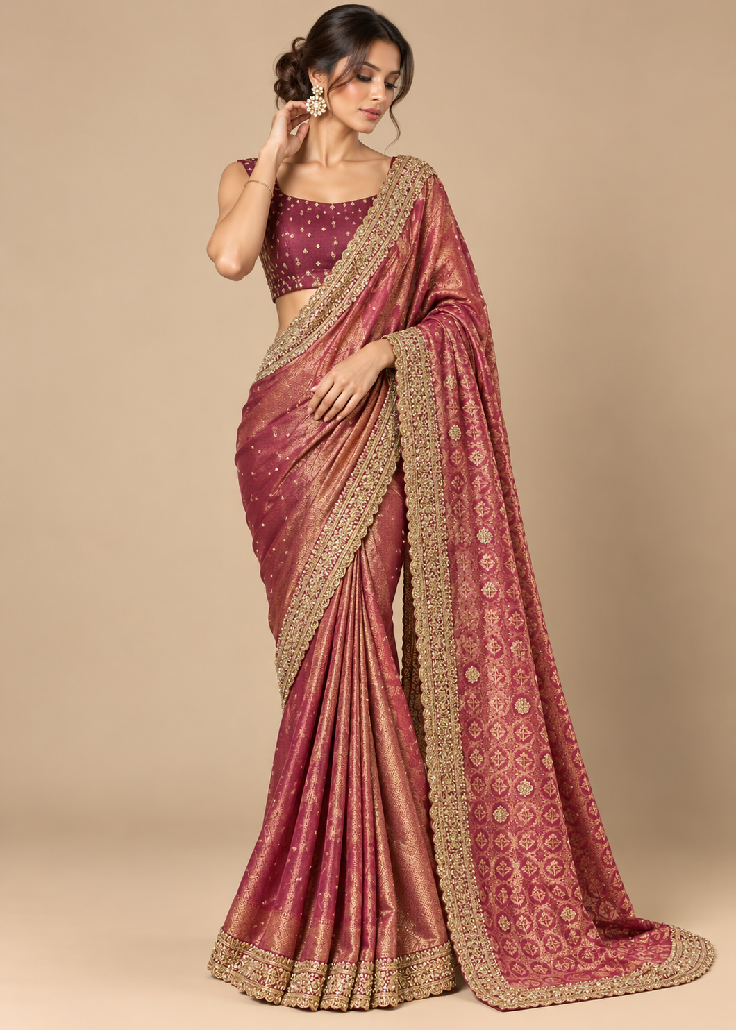 Wine Brocade Woven Saree with Scalloped Zardozi Border and Blouse Main image