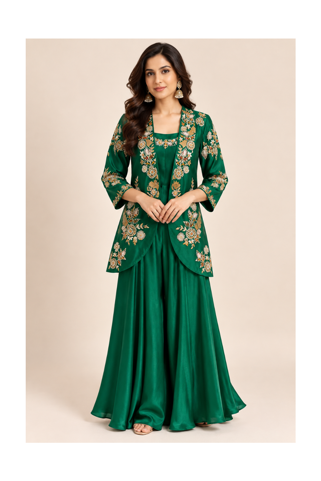 Emerald Green Embroidered Jacket & Sharara Jumpsuit Set