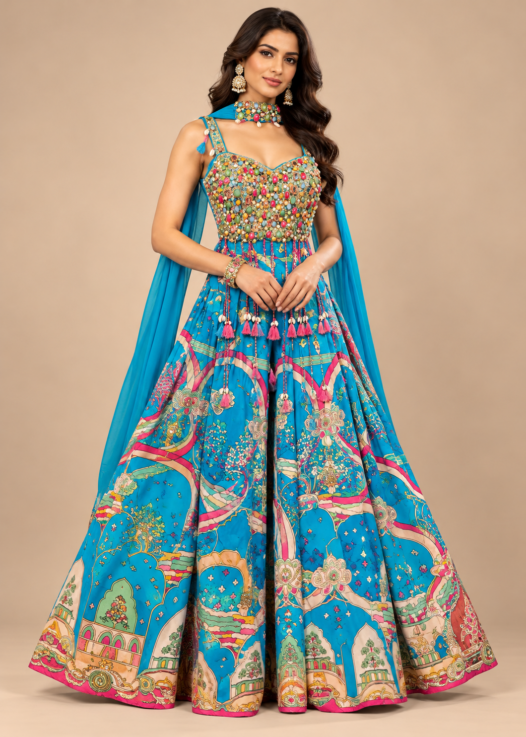 Turquoise Printed Cowrie Sharara Set