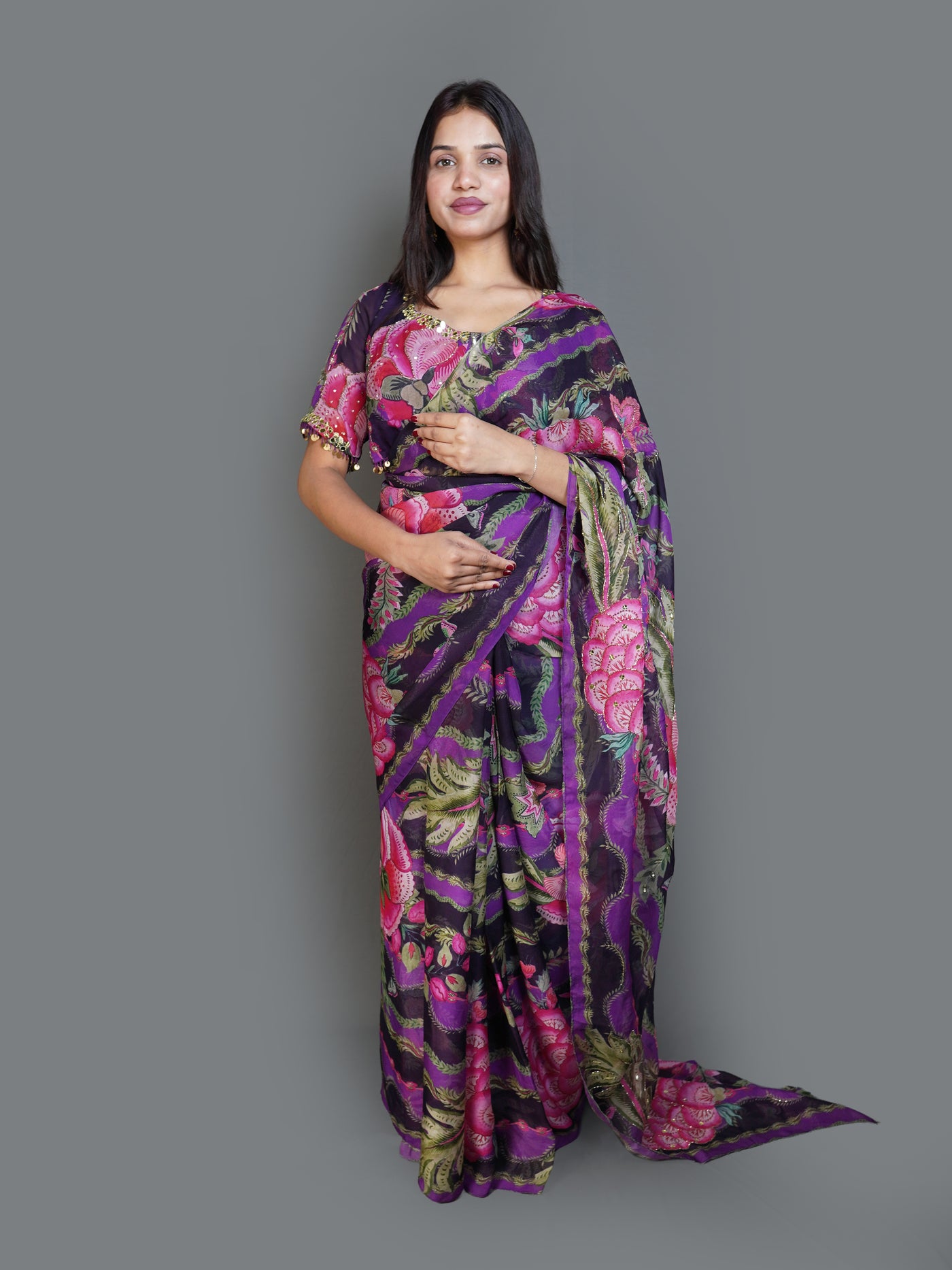 Vibrant Purple Floral Print Saree with Blouse (694-694221 R-20)