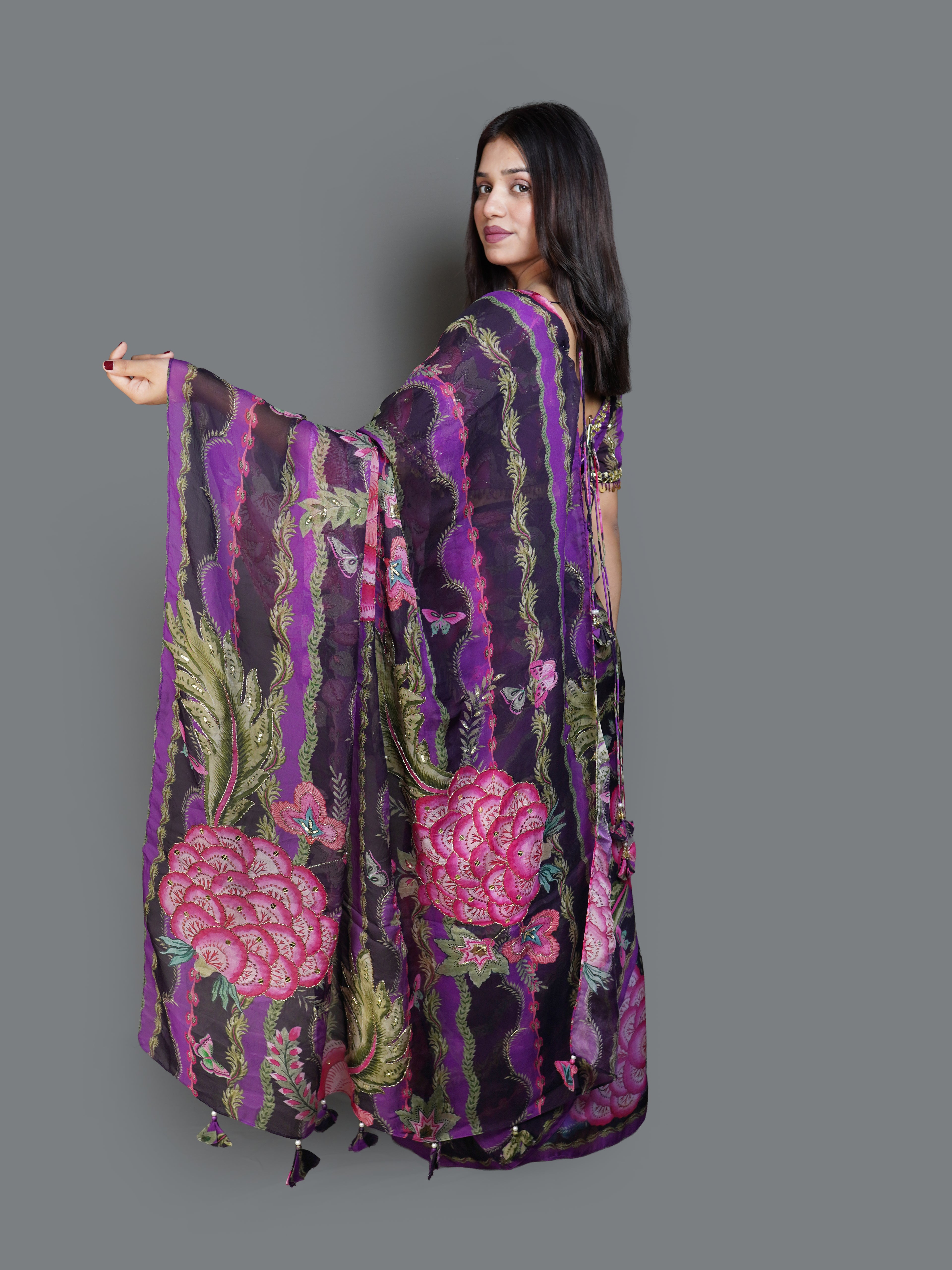 Vibrant Purple Floral Print Saree with Blouse (694-694221 R-20)
