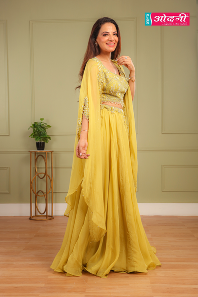 Yellow Embellished Lehenga with Cape (HA-3014 M-117)