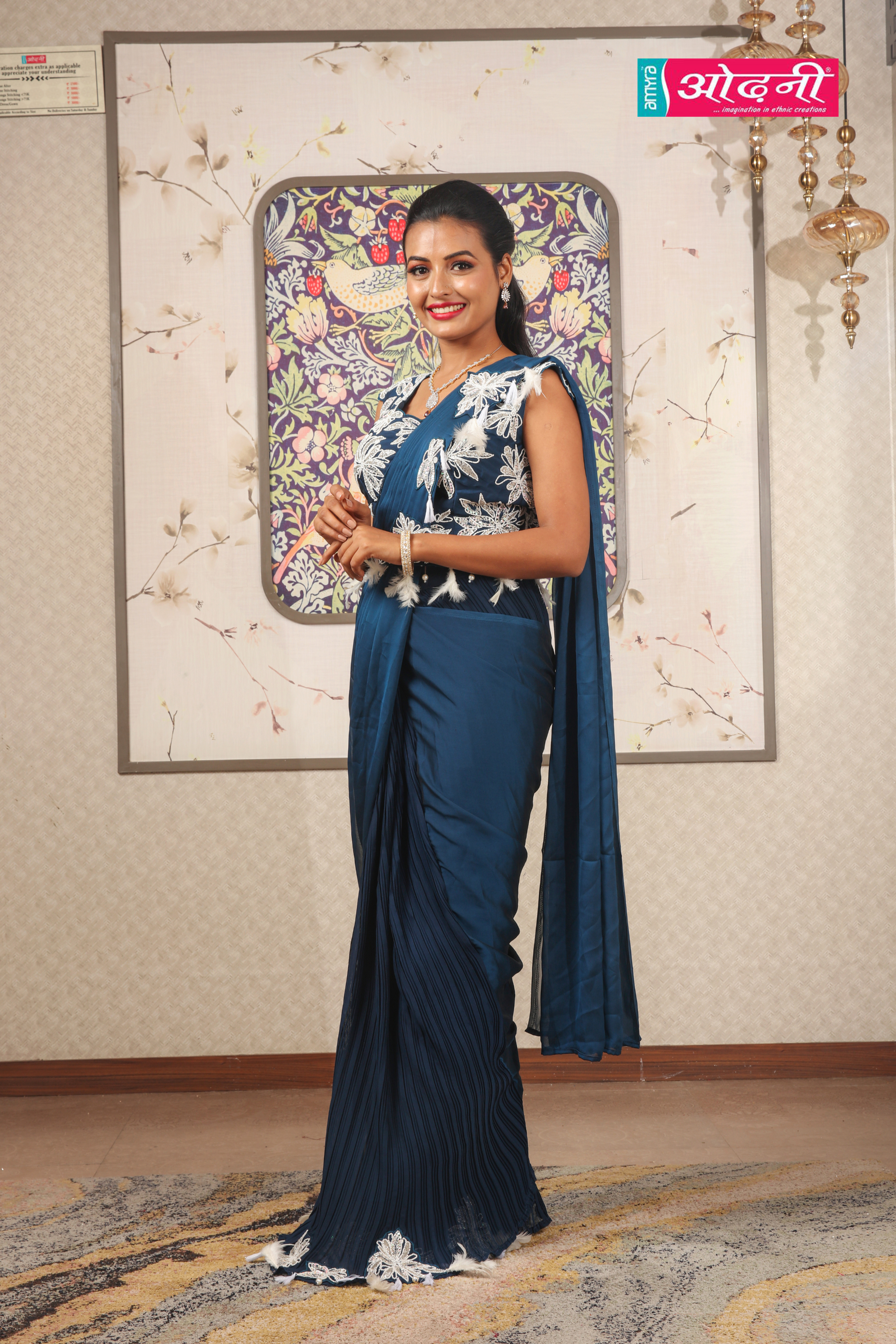 Regal Purple Embroidered Pre-Draped Saree Secondary image