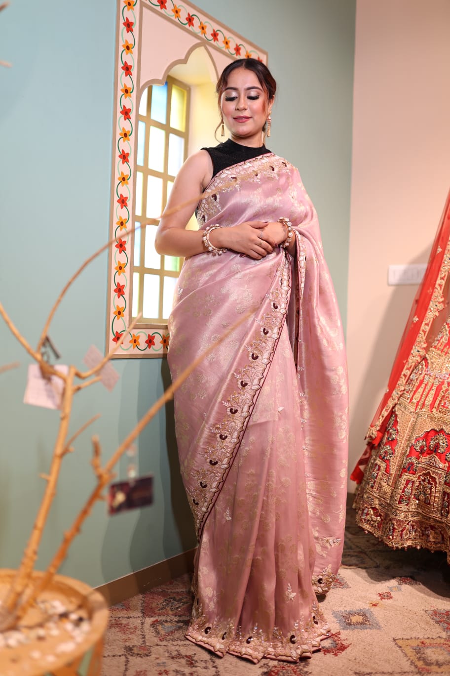 Pink Banarasi Silk Saree with Intricate Embroidery