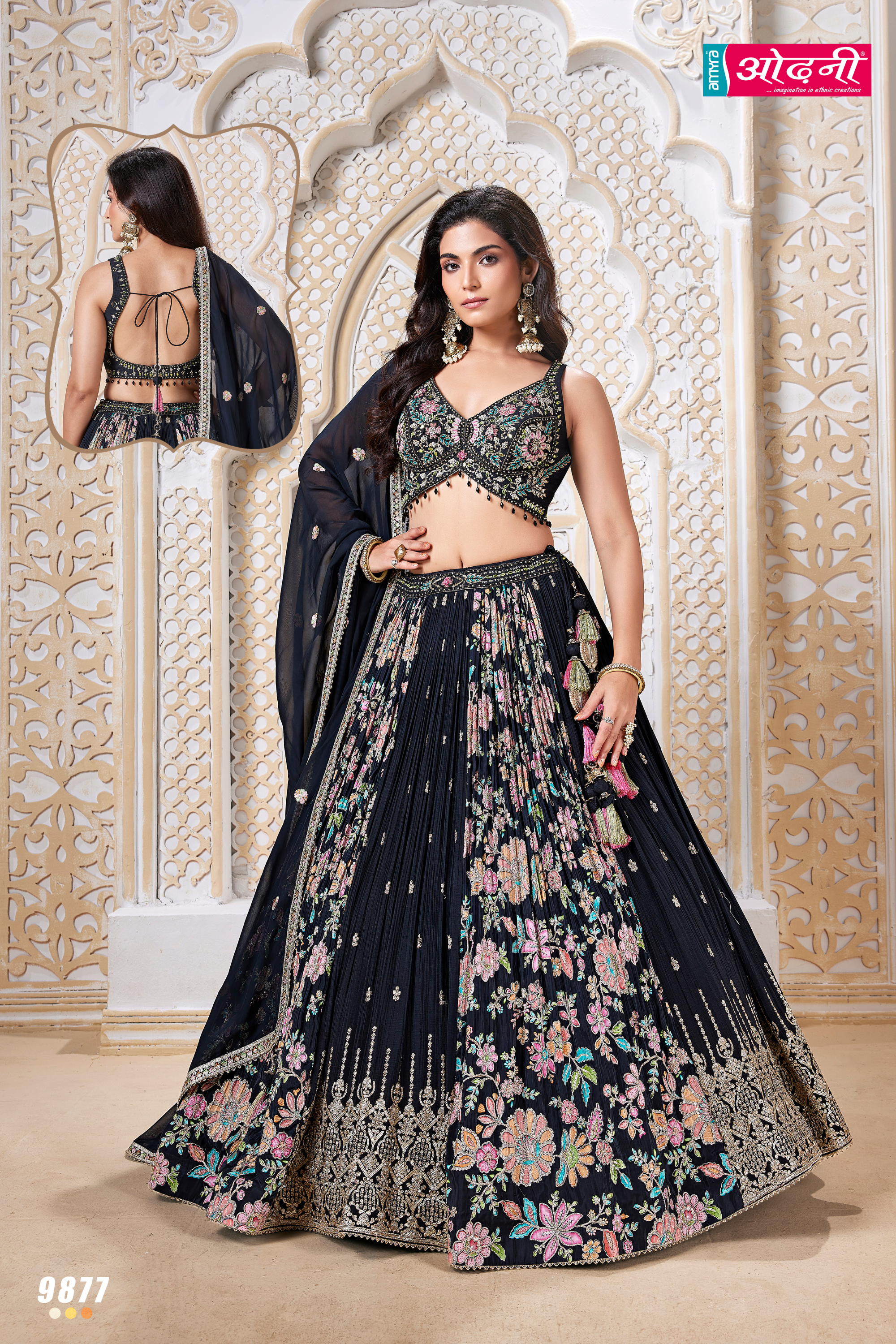 Midnight Black Lehenga with Vibrant Floral Embroidery Lehenga (9877 M-27)