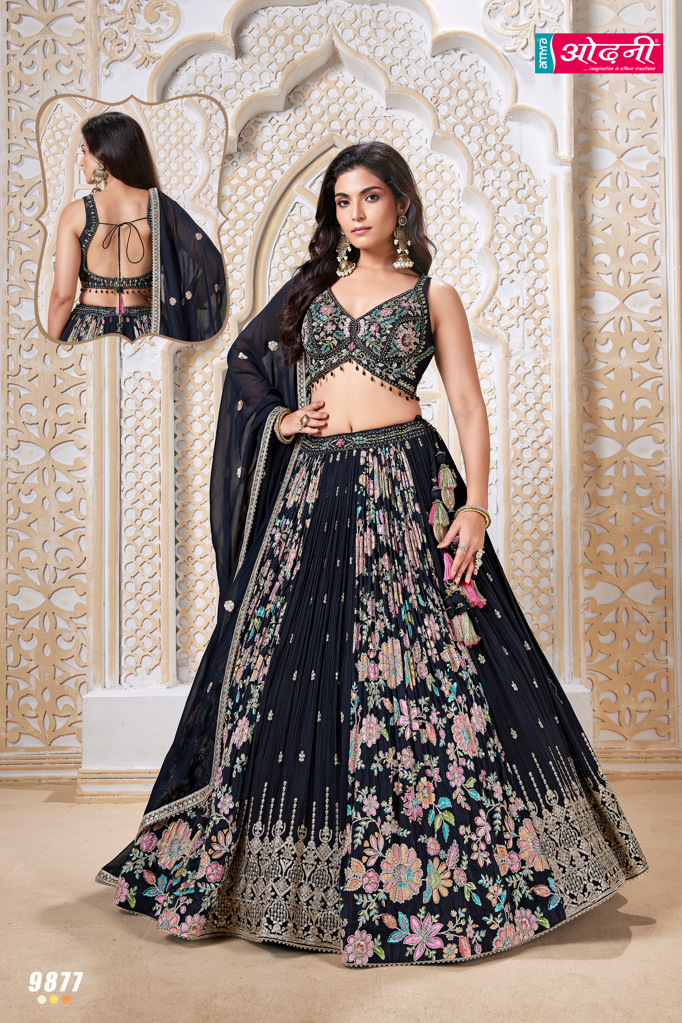 Midnight Black Lehenga with Vibrant Floral Embroidery Lehenga (9877 M-27)