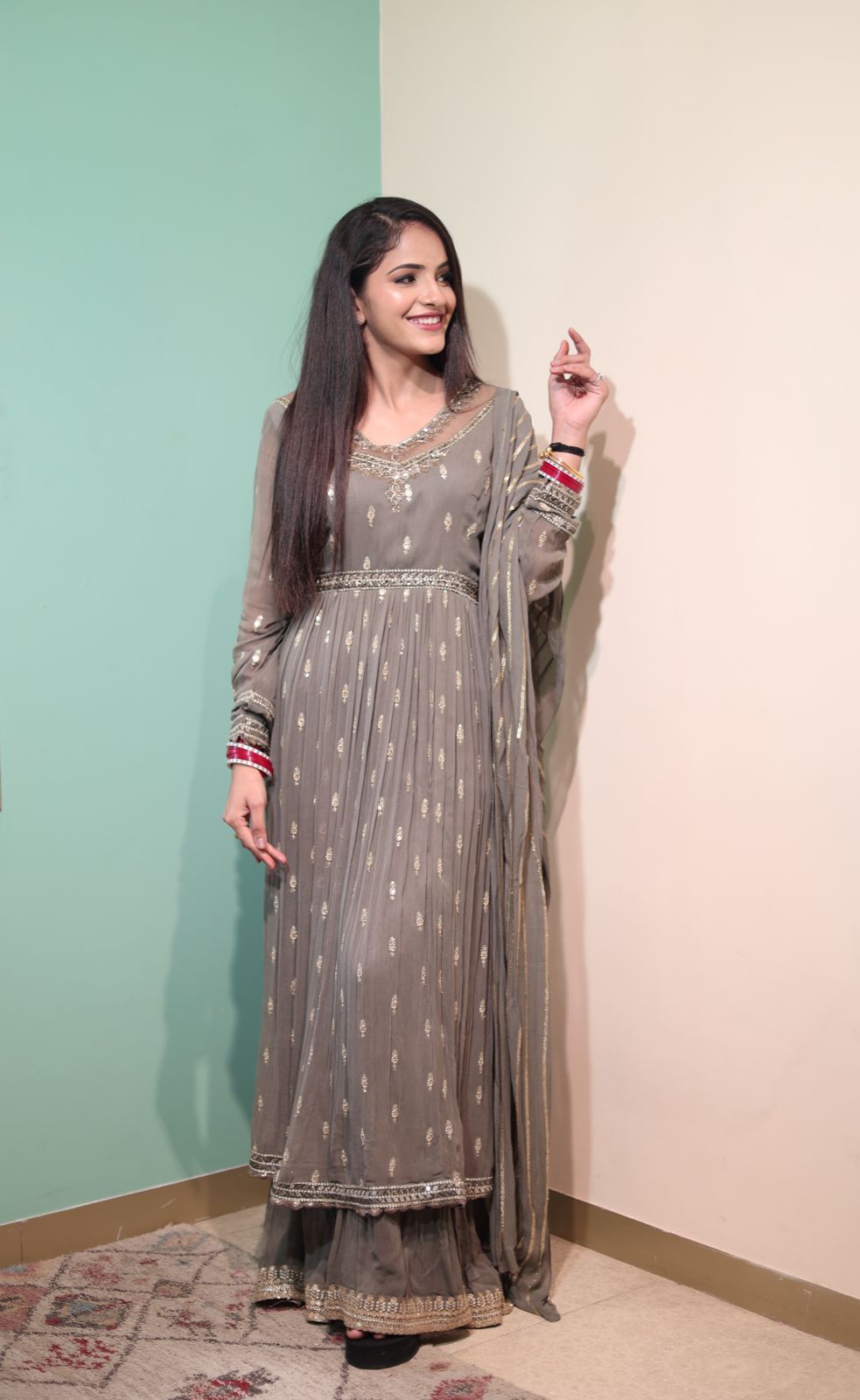 Shady Lady Chinnon Anarkali Suit with Sharara and Dupatta