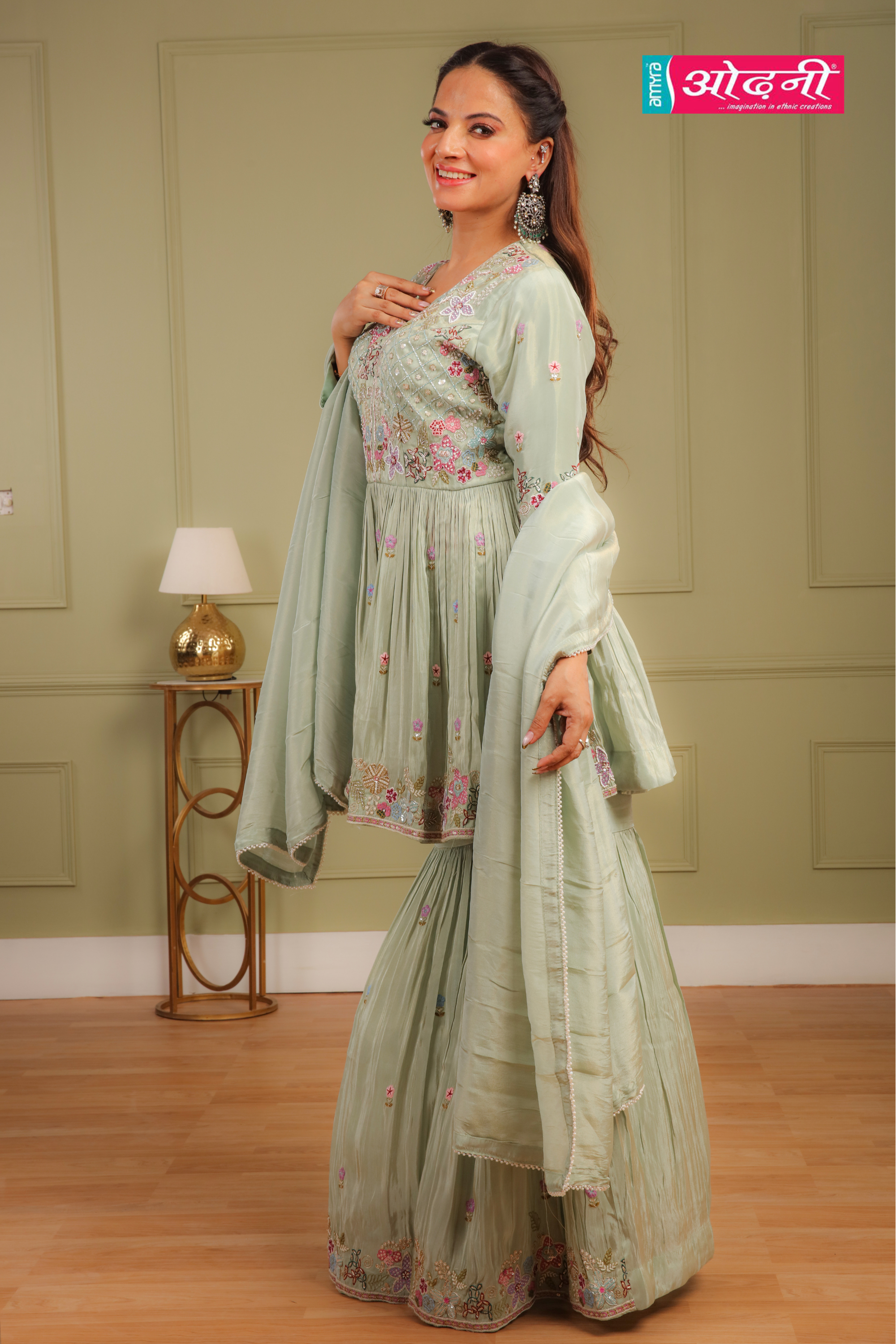 Floral Green Embroidered Sharara Suit (12049 GS-104)