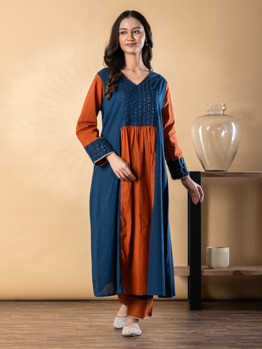 Teal & Terracotta Panel Kurta Set