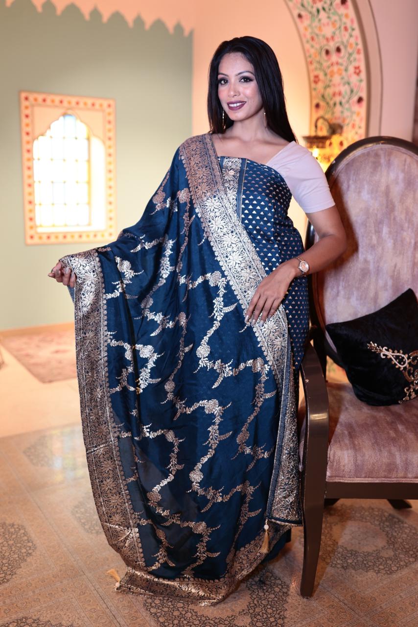 Elegant Navy Banarasi Silk Unstitched Suit Fabric