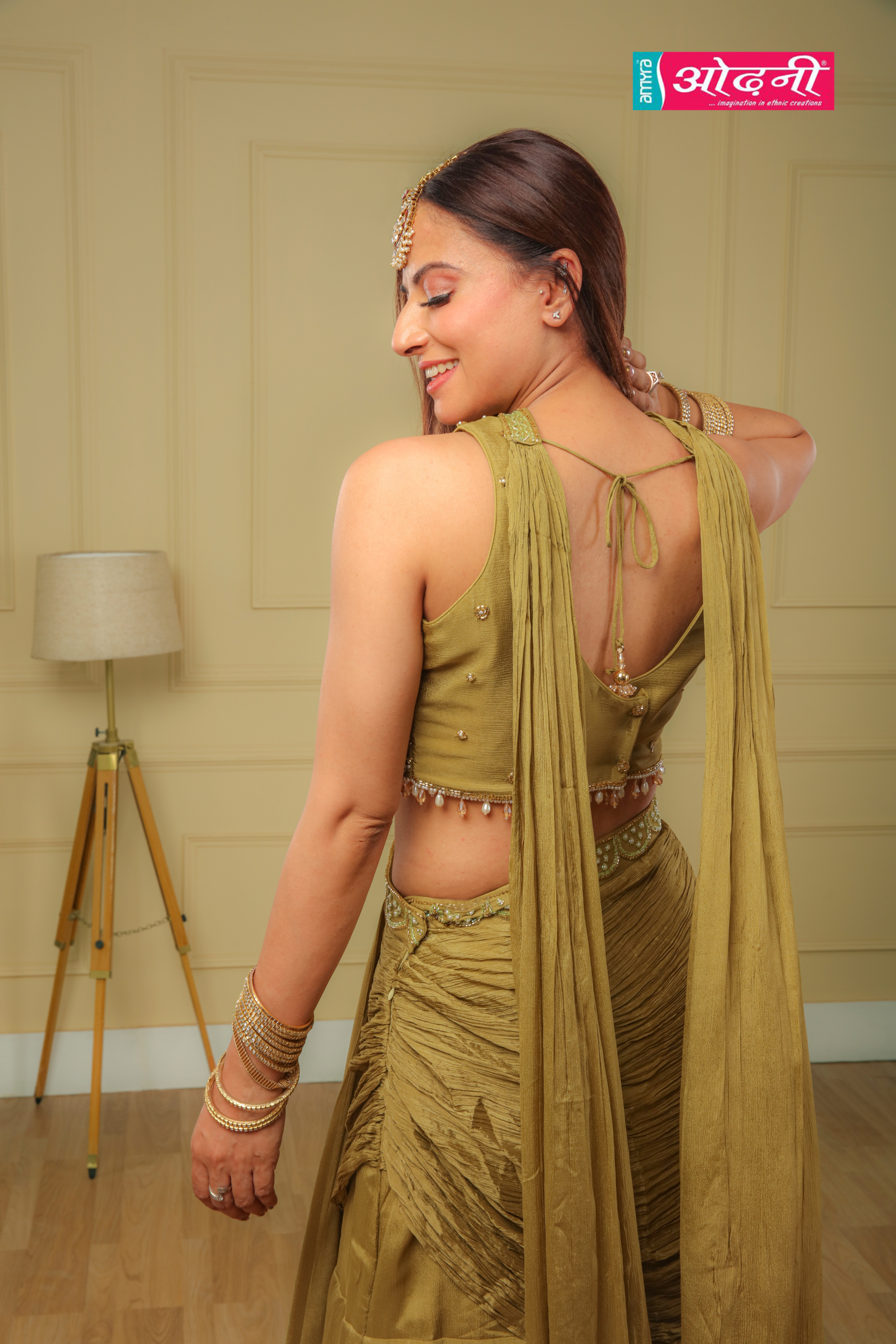 Olive Green Draped Skirt and Embellished Blouse (1086 GS-80)